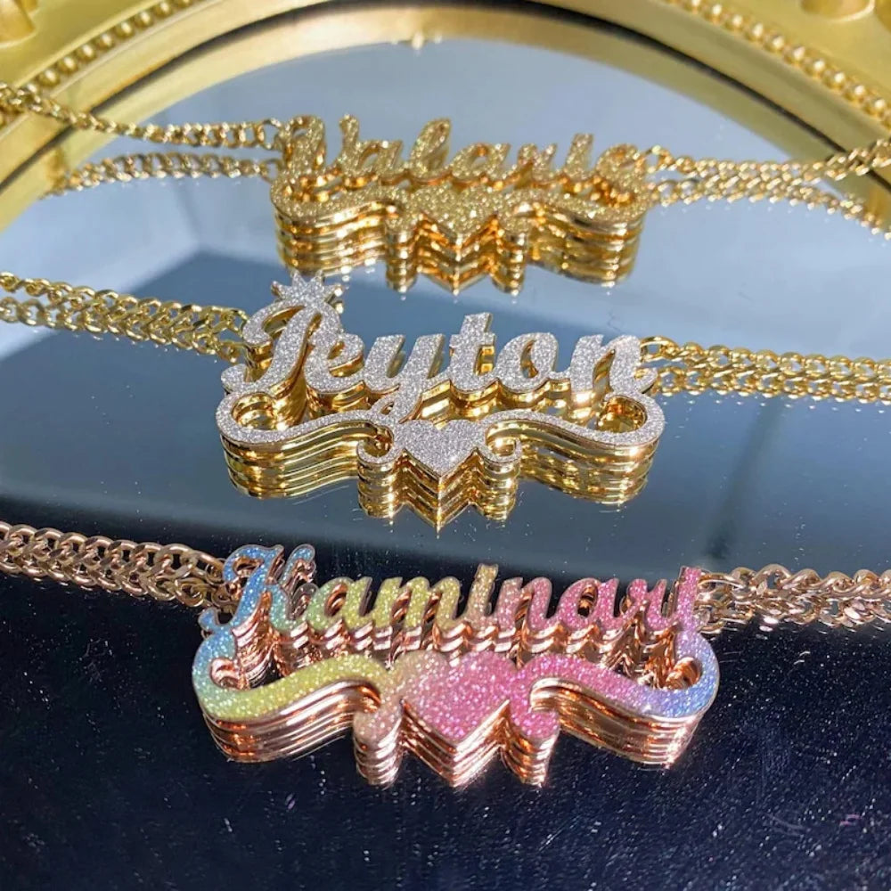 Custom Double Layer Name Pendant Necklaces
