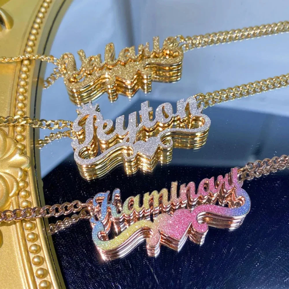 Custom Double Layer Name Pendant Necklaces