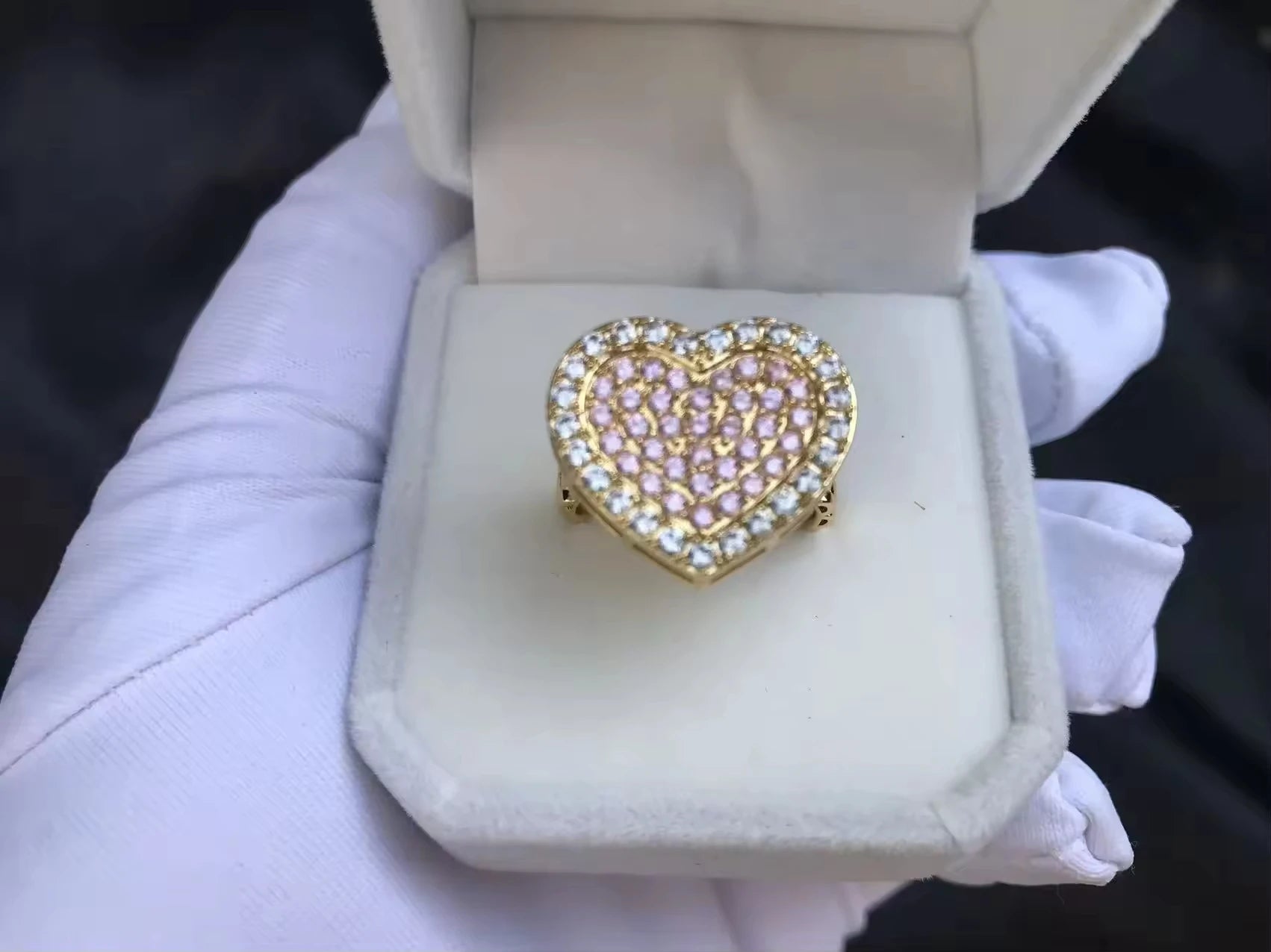 Nugget Rollie Chain Diamond CZ Heart Frame Pendant Necklace
